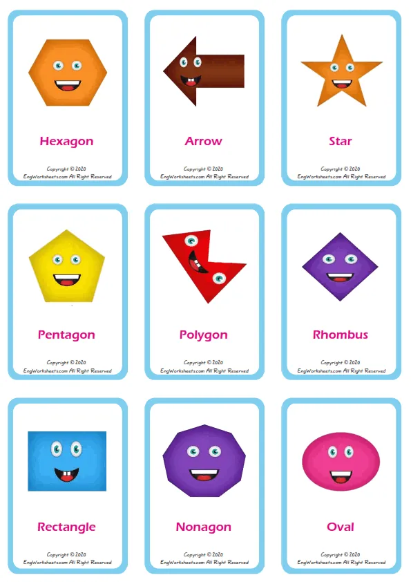 Shapes vocabulary worksheet with words, nine images per page