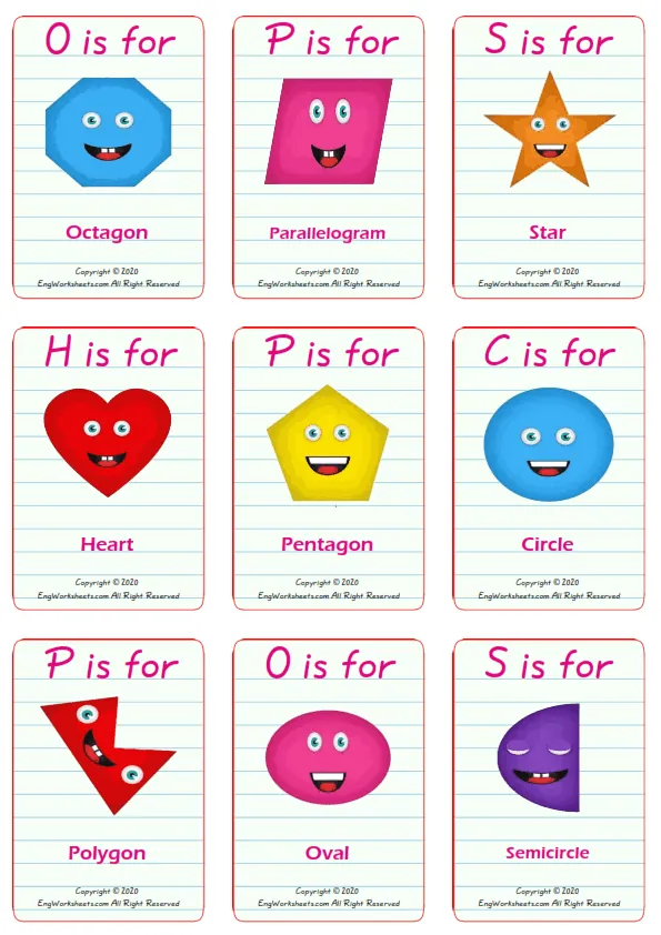 Shapes vocabulary worksheet with words, nine images per page