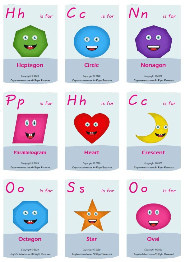 Shapes vocabulary worksheet with words, nine images per page