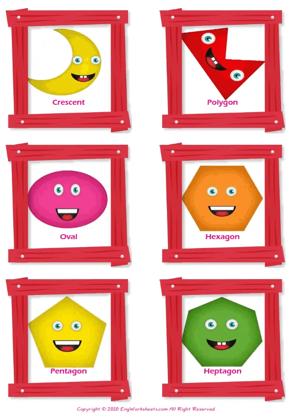 Shapes vocabulary worksheet with words, six images per page