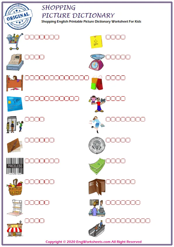 Shopping English Printable Picture Dictionary Worksheet For Kids