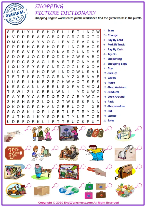 Shopping English word search puzzle worksheet, find the given words in the puzzle.