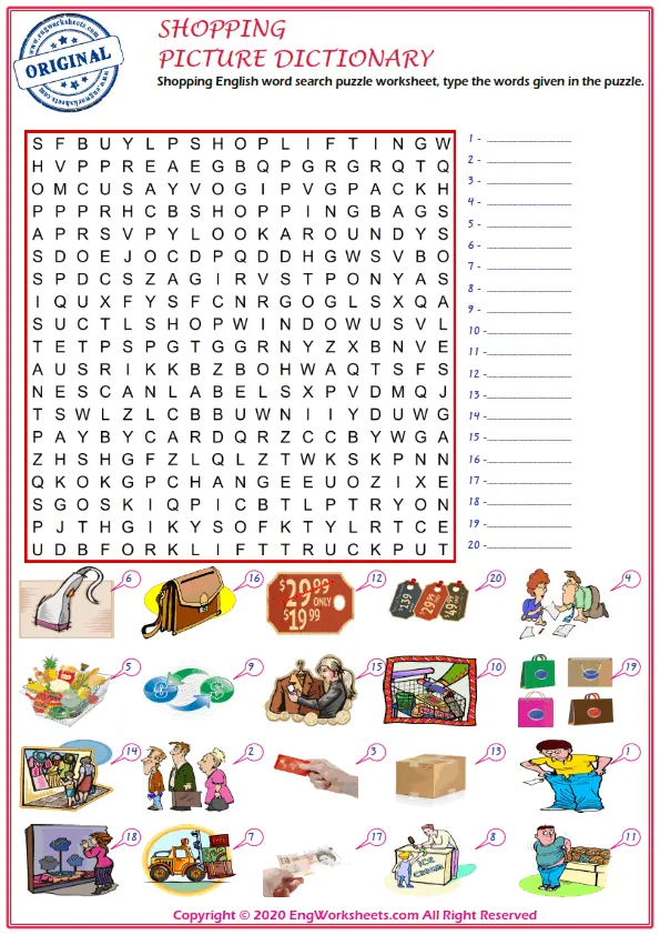 Shopping English word search puzzle worksheet, type the words given in the puzzle.
