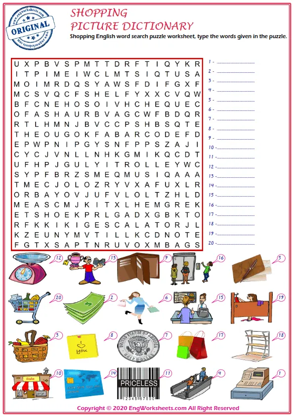 Shopping English word search puzzle worksheet, type the words given in the puzzle.