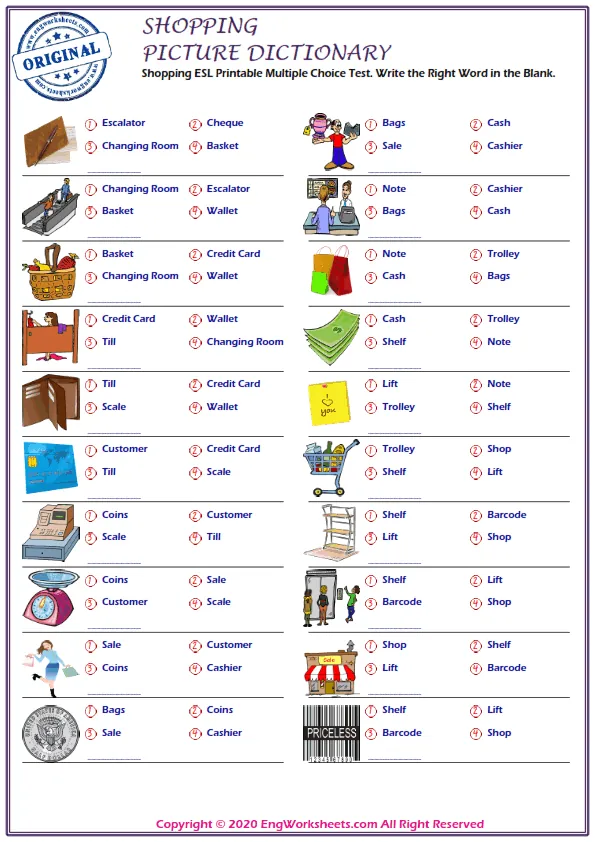 Shopping ESL Printable Multiple Choice Test. Write the Right Word in the Blank.