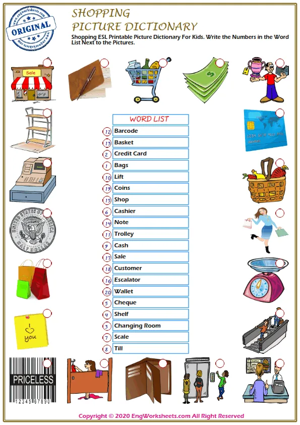 Shopping ESL Printable Picture Dictionary For Kids. Write the Numbers in the Word List Next to the Pictures.