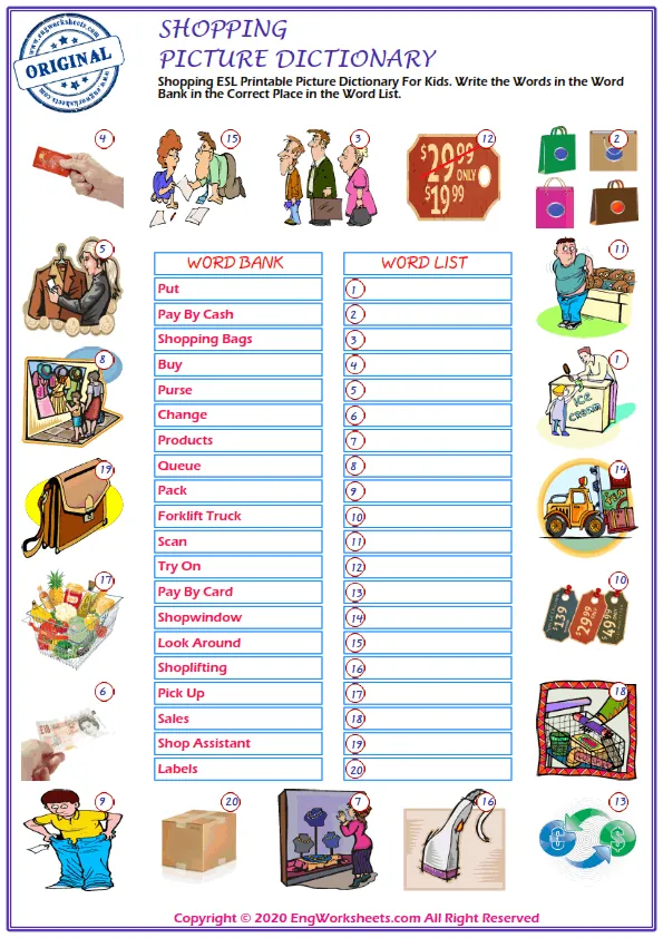 Shopping ESL Printable Picture Dictionary For Kids. Write the Words in the Word Bank in the Correct Place in the Word List.