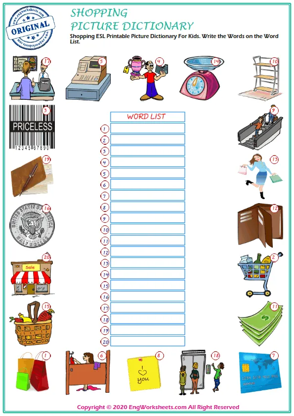 Shopping ESL Printable Picture Dictionary For Kids. Write the Words on the Word List.