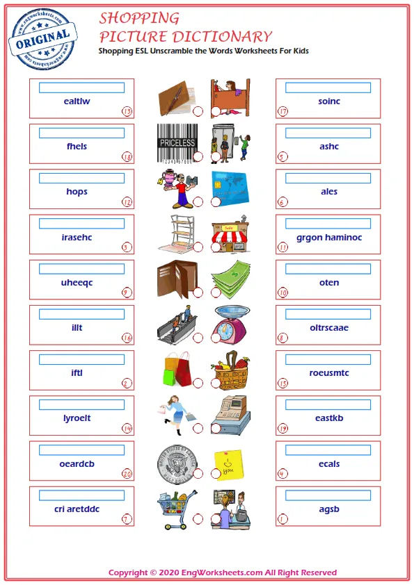Shopping ESL Unscramble the Words Worksheets For Kids