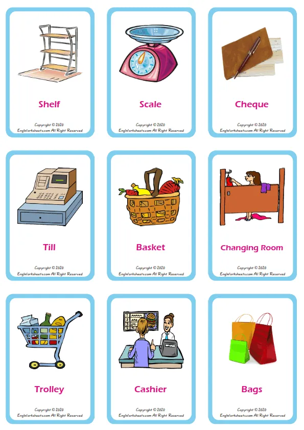 Shopping vocabulary worksheet with words, nine images per page