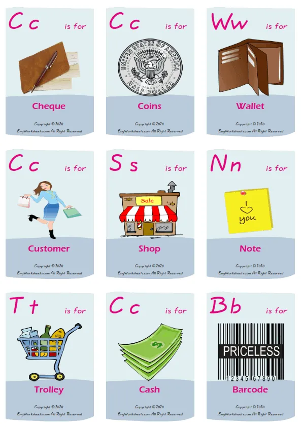 Shopping vocabulary worksheet with words, nine images per page