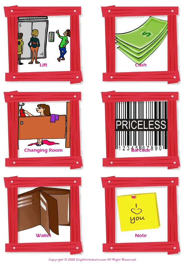 Shopping vocabulary worksheet with words, six images per page