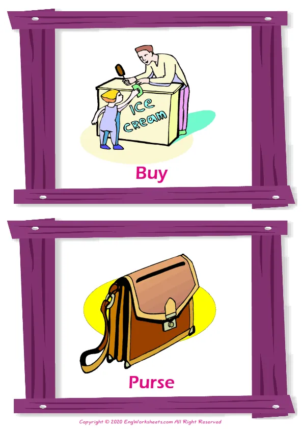 Shopping vocabulary worksheet with words, two images per page
