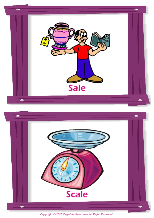 Shopping vocabulary worksheet with words, two images per page