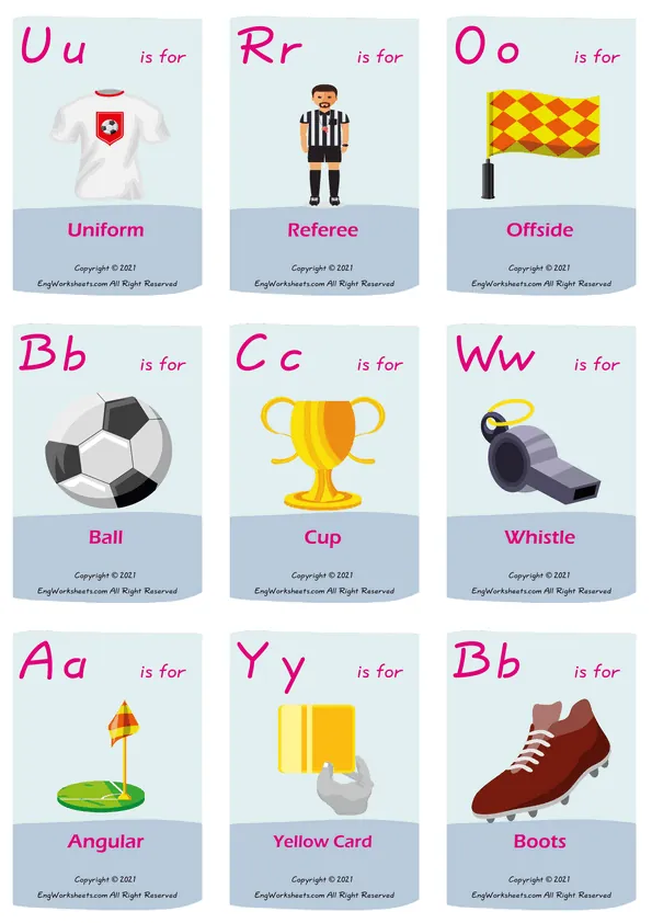 Soccer vocabulary worksheet with words, nine images per page