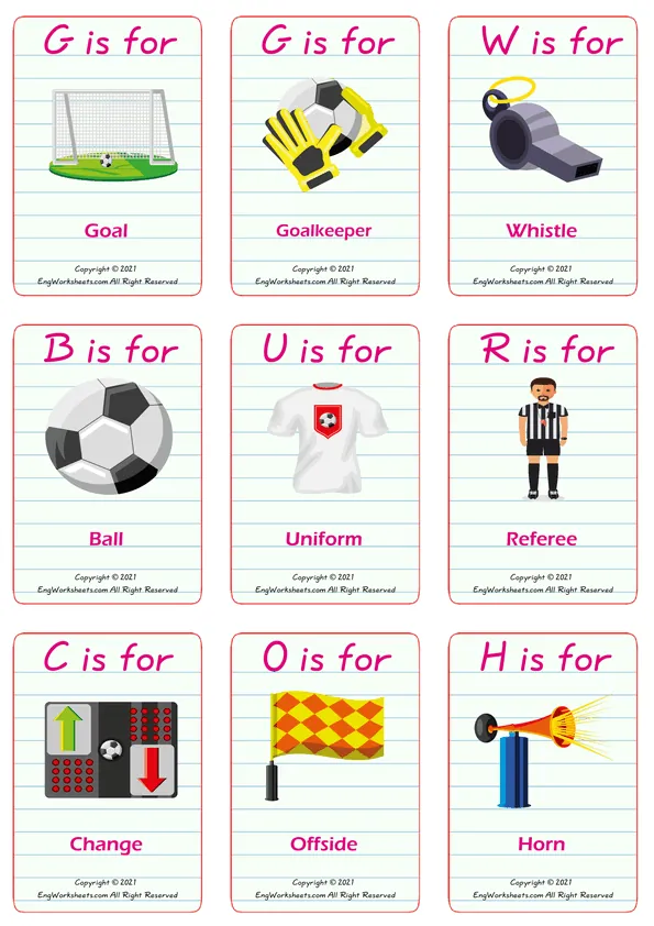 Soccer vocabulary worksheet with words, nine images per page
