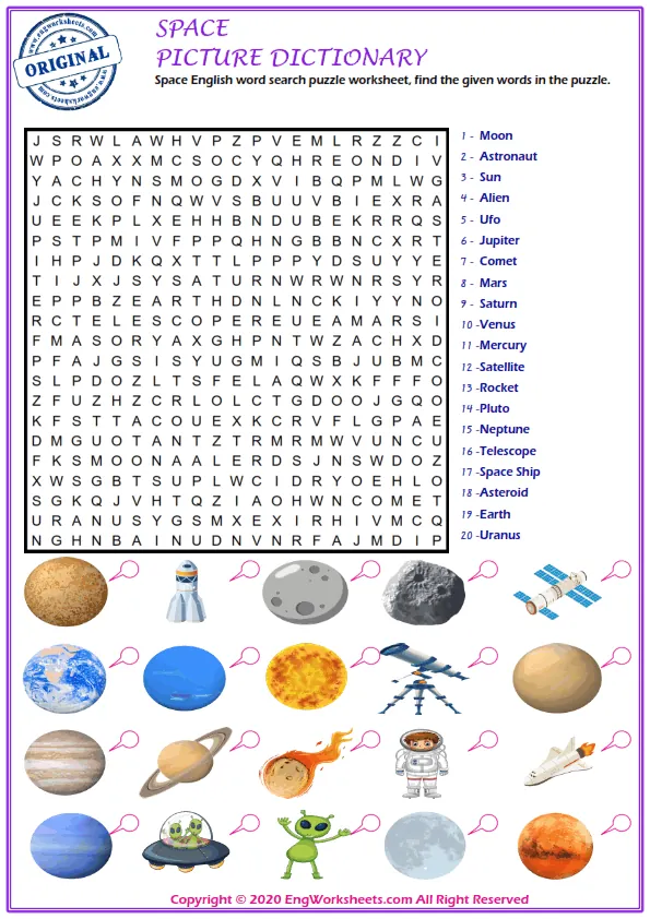 Space English word search puzzle worksheet, find the given words in the puzzle.