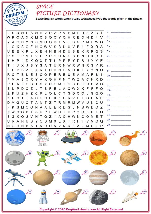 Space English word search puzzle worksheet, type the words given in the puzzle.