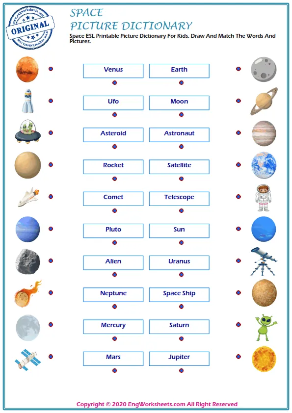Space ESL Printable Picture Dictionary For Kids. Draw And Match The Words And Pictures.
