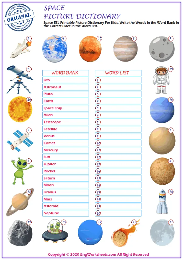 Space ESL Printable Picture Dictionary For Kids. Write the Words in the Word Bank in the Correct Place in the Word List.