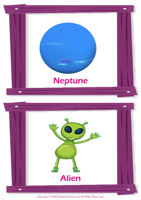 Space vocabulary worksheet with words, two images per page