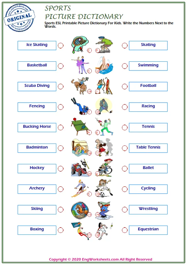 Sports ESL Printable Picture Dictionary For Kids. Write the Numbers Next to the Words.