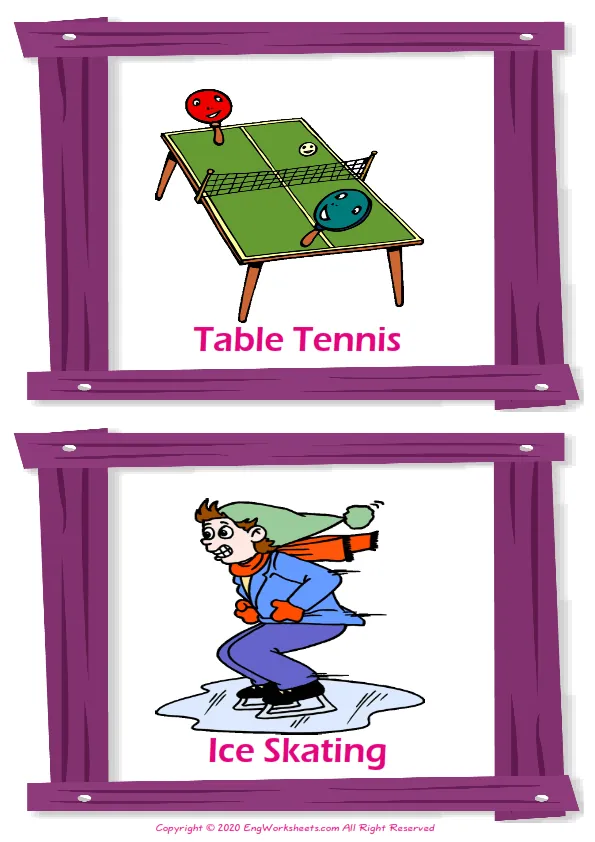 Sports vocabulary worksheet with words, two images per page