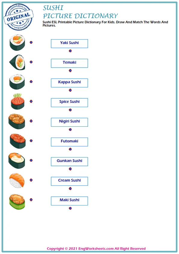 Sushi ESL Printable Picture Dictionary For Kids. Draw And Match The Words And Pictures.