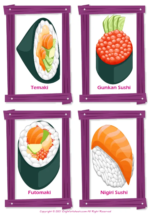 Sushi vocabulary worksheet with words, four images per page