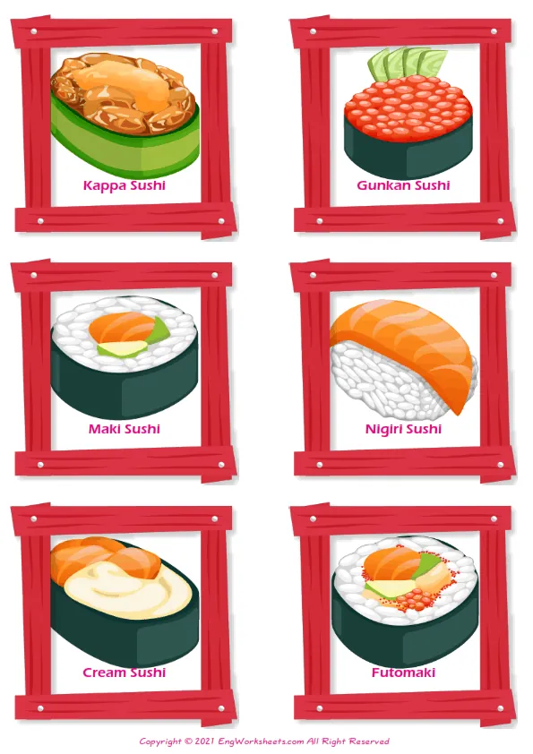 Sushi vocabulary worksheet with words, six images per page