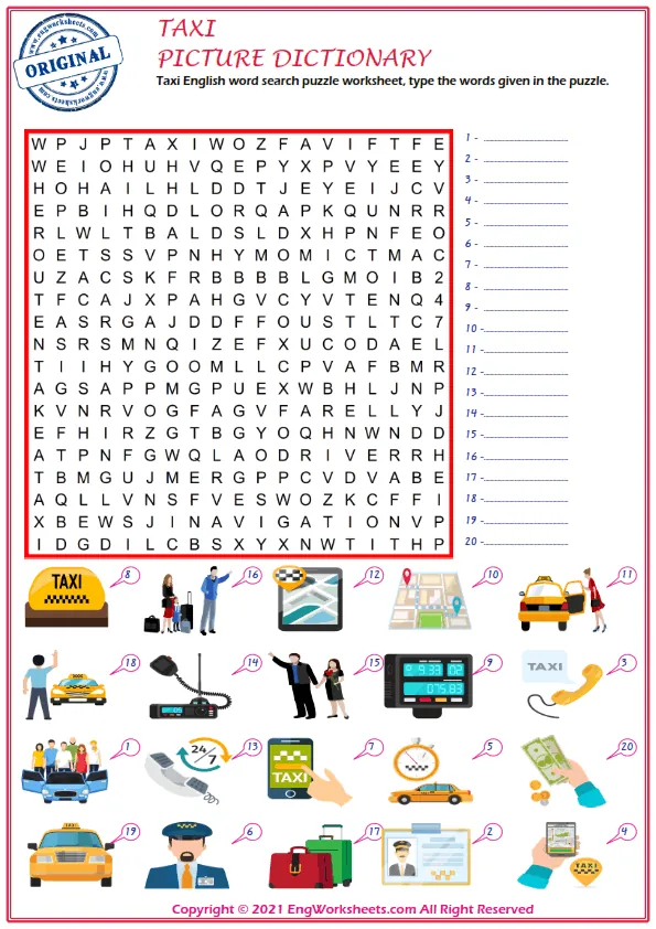 Taxi English word search puzzle worksheet, type the words given in the puzzle.