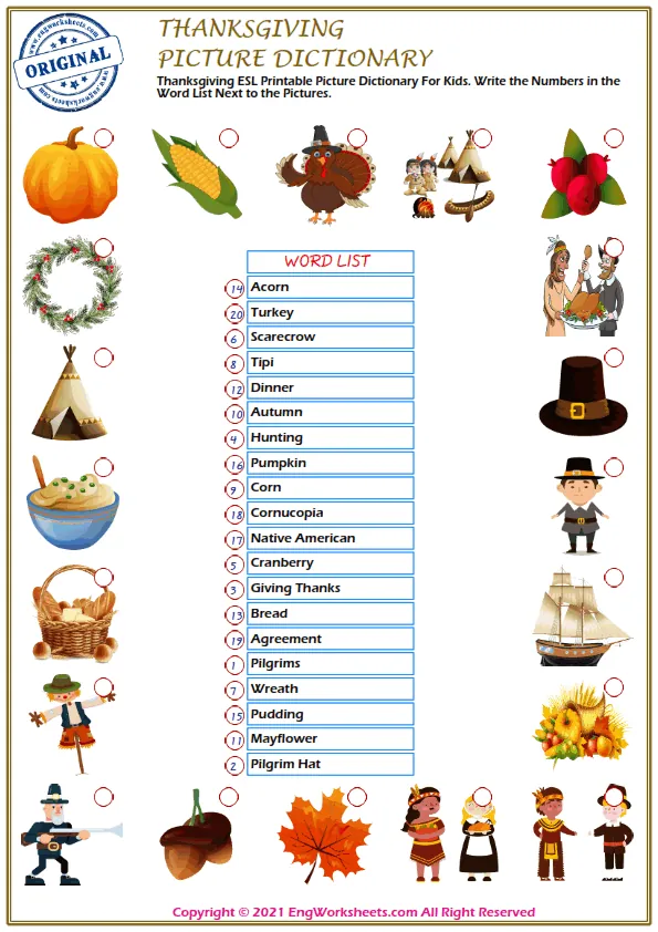 Thanksgiving ESL Printable Picture Dictionary For Kids. Write the Numbers in the Word List Next to the Pictures.