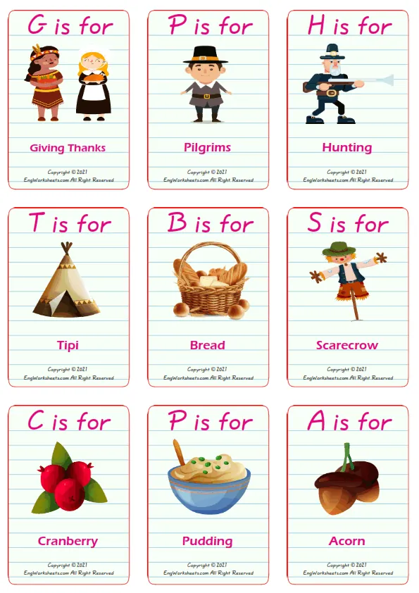 Thanksgiving vocabulary worksheet with words, nine images per page