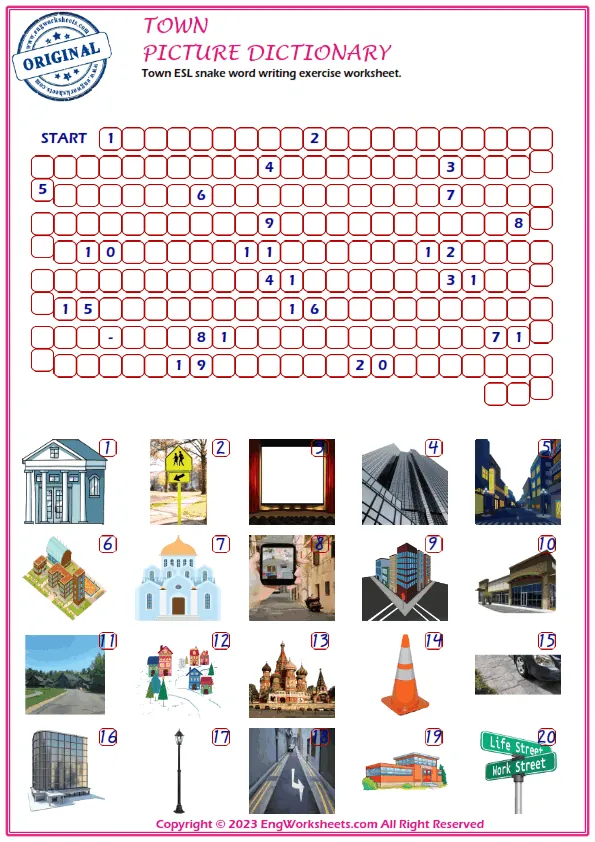 Town ESL snake word writing exercise worksheet.