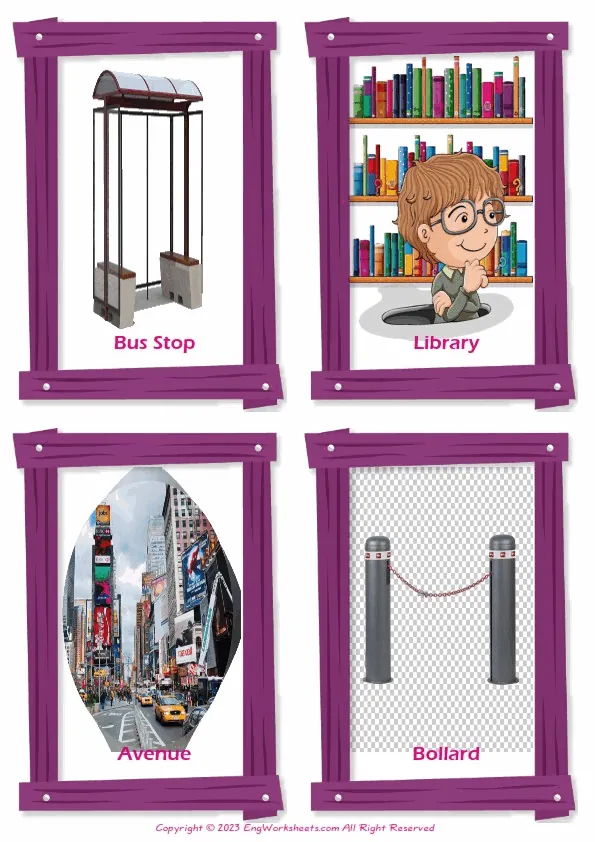 Town vocabulary worksheet with words, four images per page
