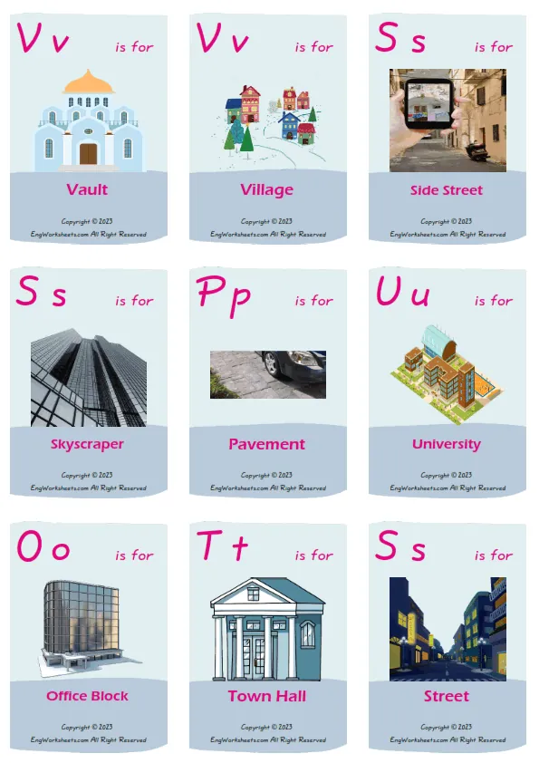 Town vocabulary worksheet with words, nine images per page