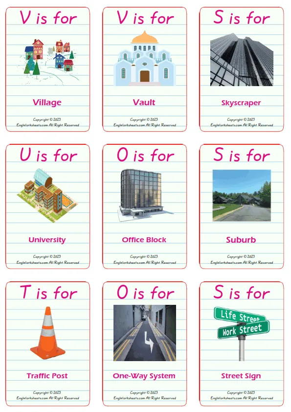 Town vocabulary worksheet with words, nine images per page