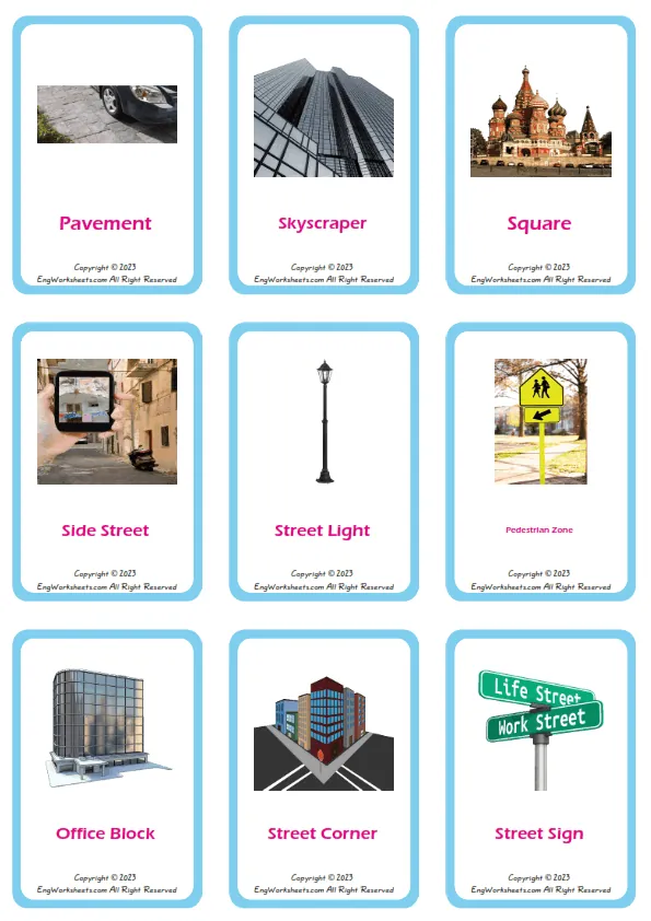 Town vocabulary worksheet with words, nine images per page