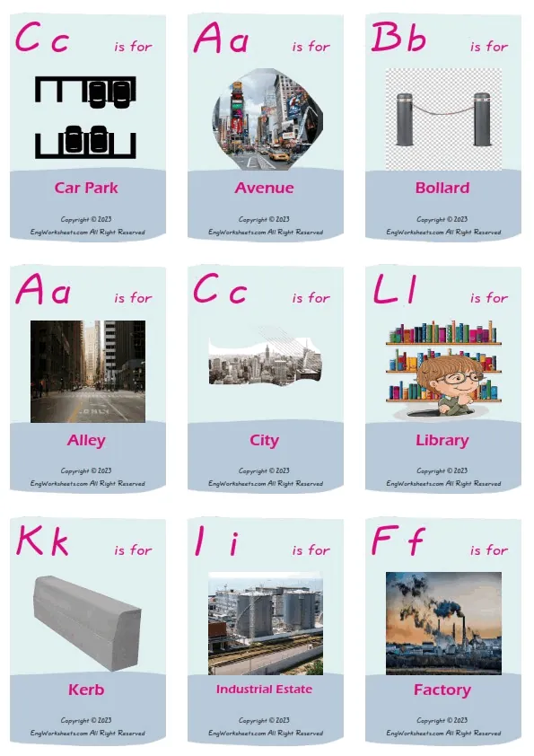 Town vocabulary worksheet with words, nine images per page