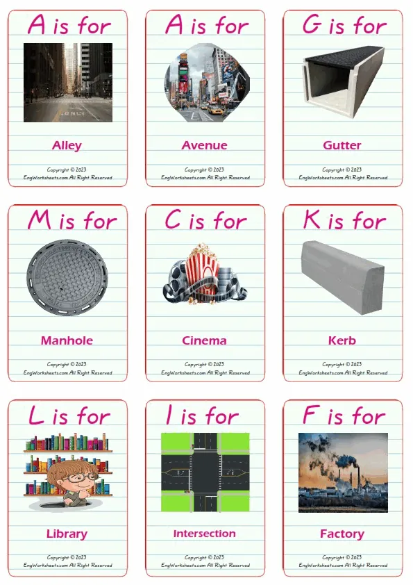 Town vocabulary worksheet with words, nine images per page