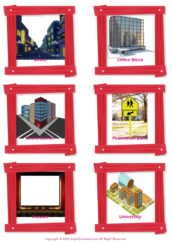 Town vocabulary worksheet with words, six images per page