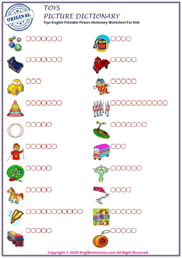 Toys English Printable Picture Dictionary Worksheet For Kids