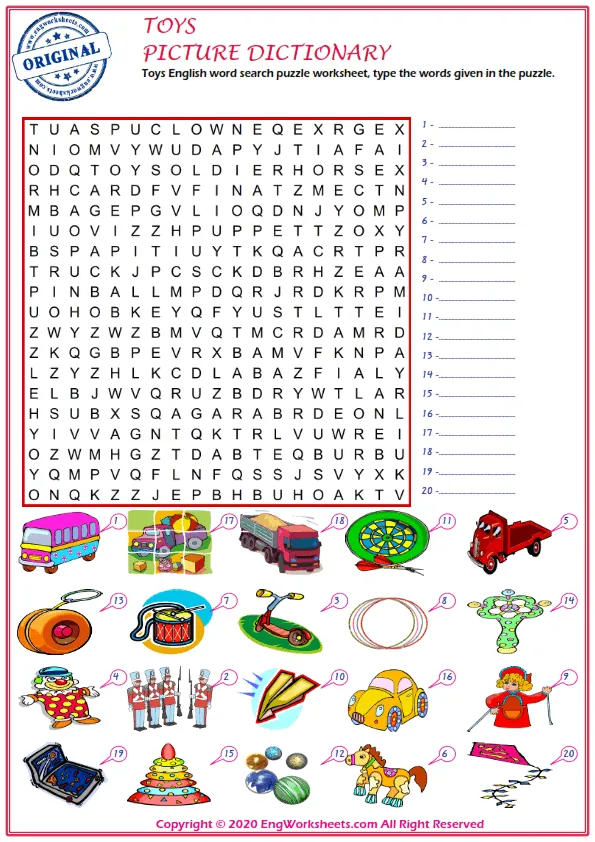 Toys English word search puzzle worksheet, type the words given in the puzzle.