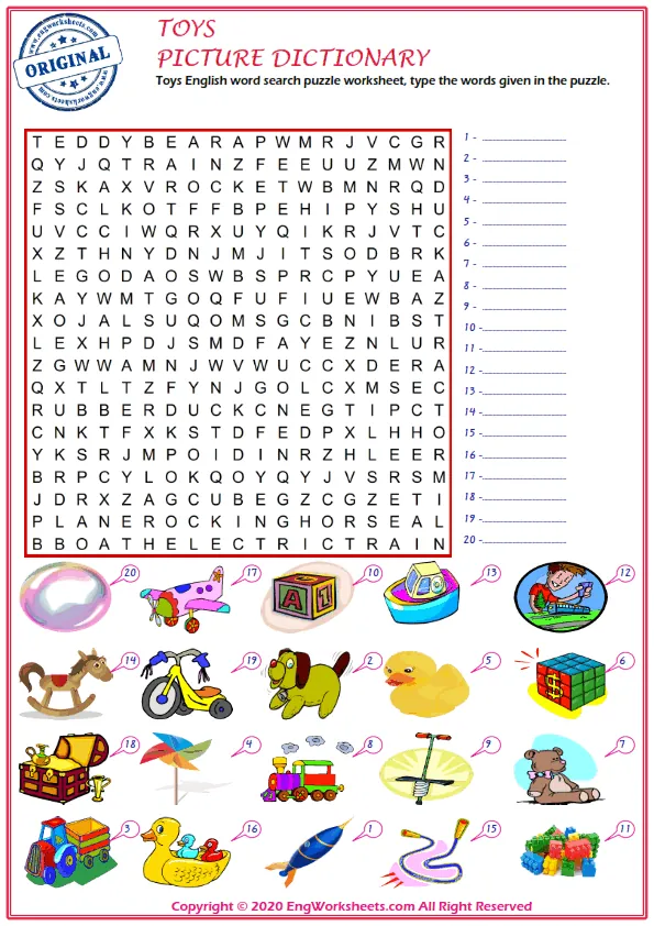Toys English word search puzzle worksheet, type the words given in the puzzle.