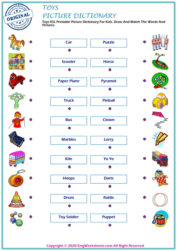 Toys ESL Printable Picture Dictionary For Kids. Draw And Match The Words And Pictures.