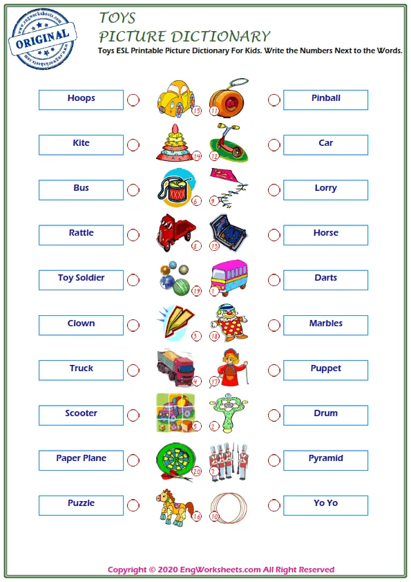Toys ESL Printable Picture Dictionary For Kids. Write the Numbers Next to the Words.