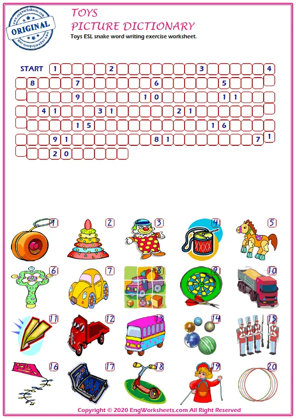 Toys ESL snake word writing exercise worksheet.