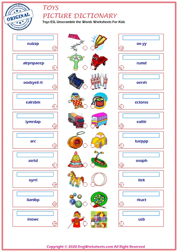Toys ESL Unscramble the Words Worksheets For Kids