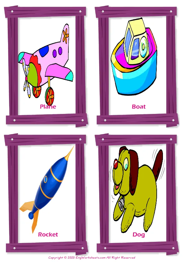 Toys vocabulary worksheet with words, four images per page