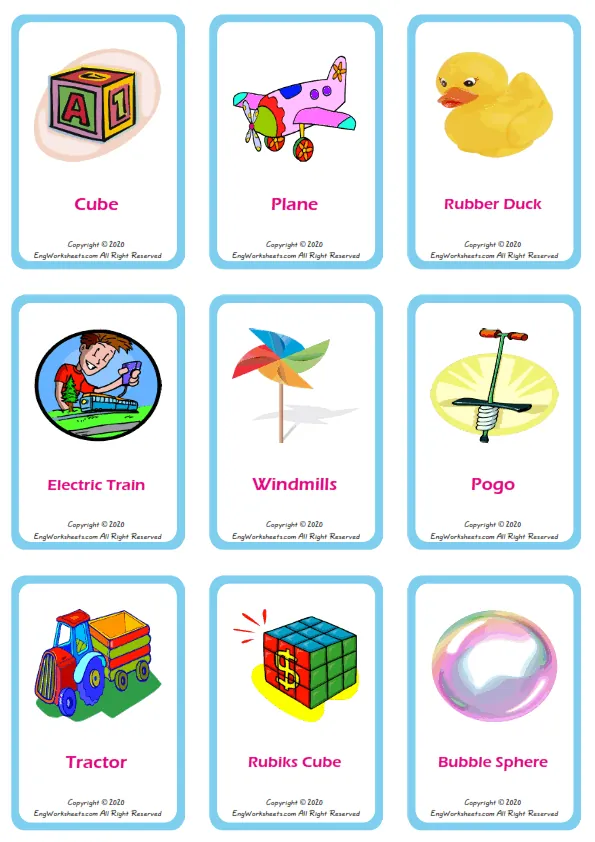 Toys vocabulary worksheet with words, nine images per page